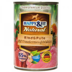 HAPPY&FIT NATURAL DOG KONZERV MARHA, PULYKA ÁFONYÁVAL ÉS SÁFRÁNYOLAJJAL- 400G