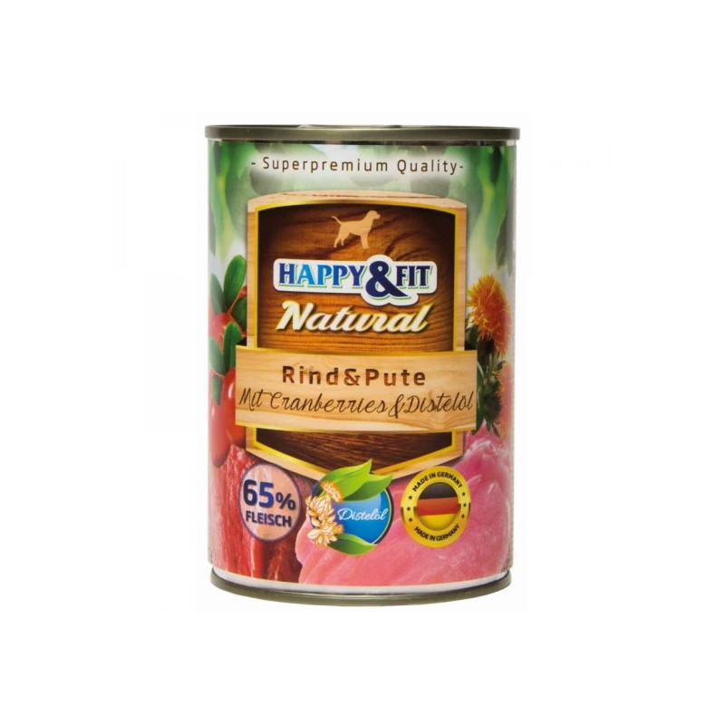 HAPPY&FIT NATURAL DOG KONZERV MARHA, PULYKA ÁFONYÁVAL ÉS SÁFRÁNYOLAJJAL- 400G
