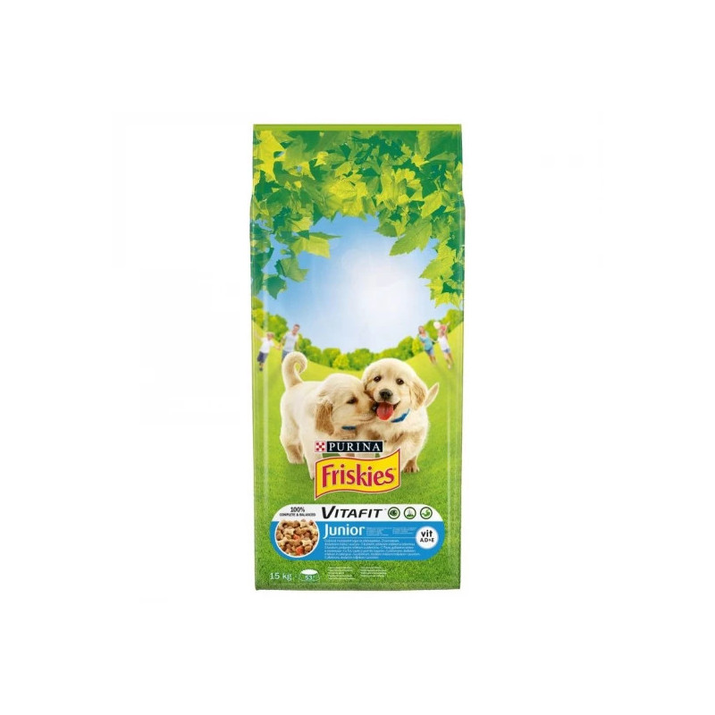 FRISKIES JUNIOR CSIRKÉVEL, ZÖLDSÉGEKKEL ÉS TEJJEL SZÁRAZ ELEDEL KÖLYÖKKUTYÁKNAK – 15KG