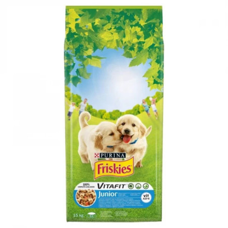 FRISKIES JUNIOR CSIRKÉVEL, ZÖLDSÉGEKKEL ÉS TEJJEL SZÁRAZ ELEDEL KÖLYÖKKUTYÁKNAK – 15KG