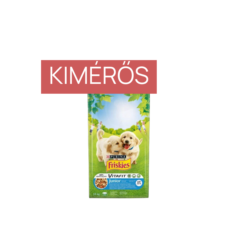 FRISKIES JUNIOR CSIRKÉVEL, ZÖLDSÉGEKKEL ÉS TEJJEL SZÁRAZ ELEDEL KÖLYÖKKUTYÁKNAK – KIMÉRŐS