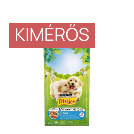 FRISKIES JUNIOR CSIRKÉVEL, ZÖLDSÉGEKKEL ÉS TEJJEL SZÁRAZ ELEDEL KÖLYÖKKUTYÁKNAK – KIMÉRŐS