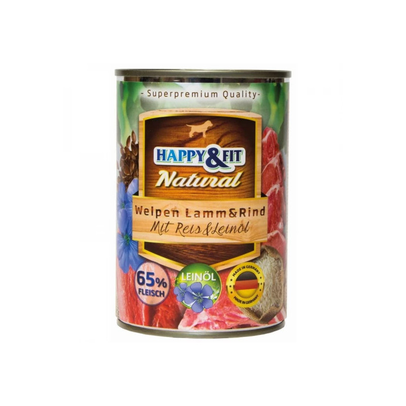 HAPPY&FIT NATURAL KÖLYÖKKUTYÁKNAK BÁRÁNYHÚSSAL, MARHAHÚSSAL, RIZZSEL ÉS LENMAGOLAJJAL – 400g