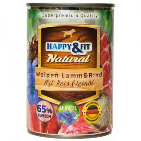HAPPY&FIT NATURAL KÖLYÖKKUTYÁKNAK BÁRÁNYHÚSSAL, MARHAHÚSSAL, RIZZSEL ÉS LENMAGOLAJJAL – 400g
